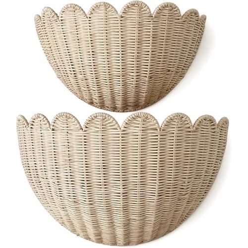 2pcs woven wall baskets,Natural rattan weaving,scalloped wall basket,hanging basket,16" x 10" x 7"In & 14" x 8" x 6"In