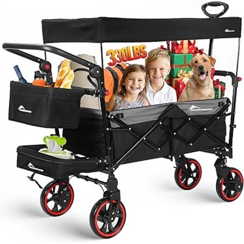 CROTECMOUNTAIN Collapsible Canopy Wagon,Large Capacity Trolley, Foldable Portable cart with Canopy, Adjustable Push/Pull Handle, Shock-Absorbing Wheels, Suitable for Shopping,Traveling-B