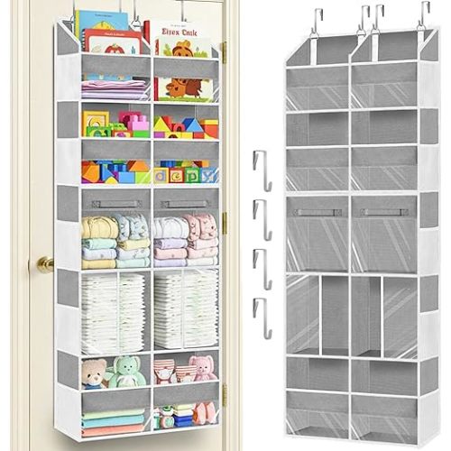 Over the Door Organizer 5 Tiers with Removable Drawers, Extra Large Door Storage of 6 Compartments & 2 Diaper Storage, Double-Column Clear Window Door Hanging Organizer for Nursery,Closet,Pantry(Gray)