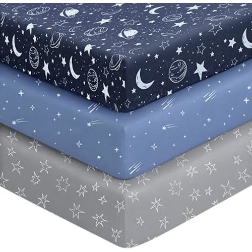 Unnivoll Baby Crib Sheets for Boys Girls, 28x52x8in Fitted Crib Sheet Neutral 3 Pack for Standard Crib and Toddler Mattress, Breathable Soft Microfiber Baby Sheet Blue Gray Planet