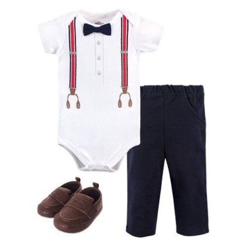 Little Treasure Baby Boys Cotton Bodysuit, Pant and Shoe 3pc Set, Red Navy Suspenders, 6-9 Months