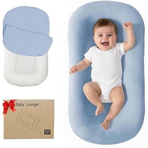 Lucakuins Baby Lounger, Bionic Design Baby Lounger for Newborn 0-24 Months, Soft Organic Cotton Breathable Lounger for Infants (Blue Newborn Lounger)