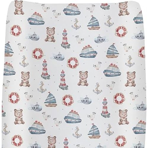 Sailor Bear Watercolor Baby Changing Pad Covers for Boys Girls Cute Bear Lighthouse Anchors Boats Fitted Change Table Covers Mats Coastal Nautical Life Soft Diaper Changing Table Sheets 32''×16''