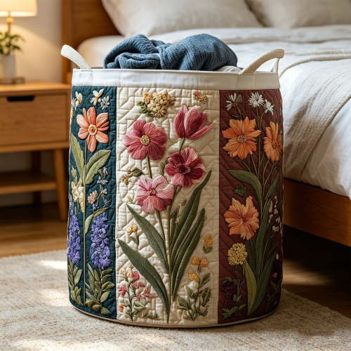 Quilted Laundry Basket with Handles, Boho Floral Fabric Storage Hamper, Soft Laundry Basket for Nursery, Bedroom, Laundry Room, Clothes & Toys (L)