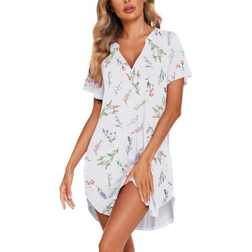 Ekouaer Women V Neck Button Down Nightgown