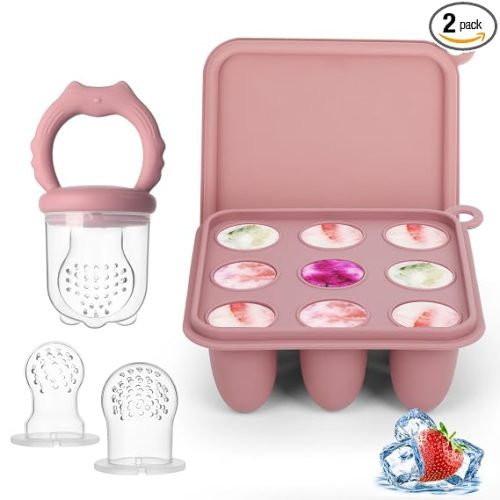 Baby Fruit Food Feeder Breastmilk Popsicle Molds, Silicone Food Freezer Tray for Cooling Teething Relief, Baby Food Feeder for Safe Infant Self Feeding, Includes 3 Extra Food Pacifier