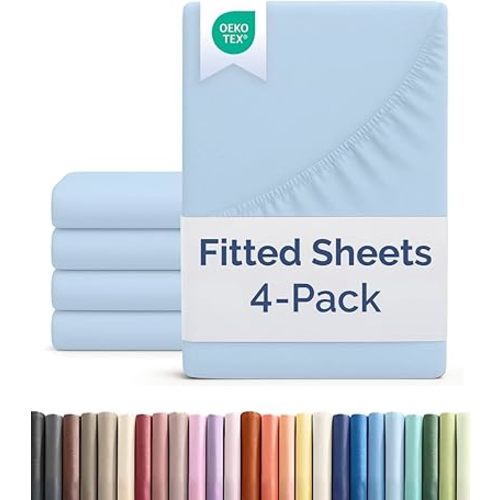 Full Size Fitted Bed Sheet - Pack of 4 Single Fitted Bottom Sheet Only - Fits Mattress Up To 16" Deep Pockets - Extra Soft, Cozy, Breathable & Cooling - Hotel Quality, Fade & Wrinkle Free - Light Blue
