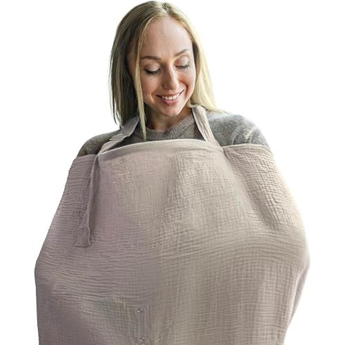 Nilsa 5-in-1 Muslin Nursing Cover up for Breastfeeding & Baby Car Seat Cover - Breathable Breastfeeding Cover With Rigid Hoop - 100% Cotton Privacy Apron Breast Feeding Covers For Women (Ecru)