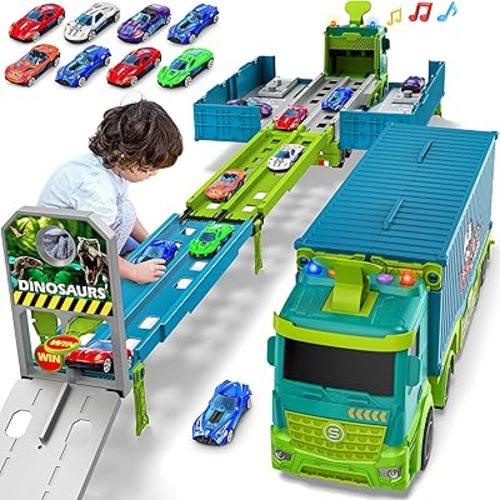 Carrier Truck Race Track Toddler Toys, Dinosaur Toy Truck & 8 Race Cars