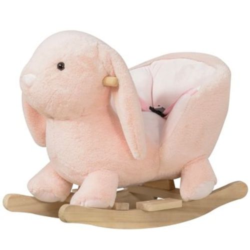 Qaba Rabbit Wooden Rocking Horse with Simulated Sound, Wooden Base, Seat Belt, Plush Stuffed Rocking Chair for Baby, Toddler, 18-36 Months, Pink