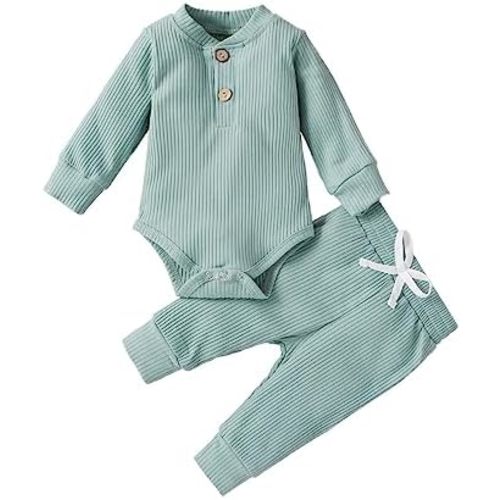 Newborn Baby Boy Girl Clothing Set Ribbed Outfits Infant Solid Long Sleeve Bodysuit Tops Pants 2PCS Christmas Dress 2t