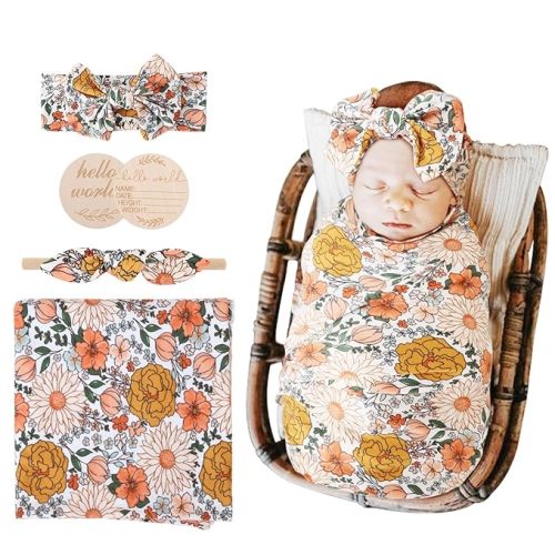 AQOKKA Newborn Receiving Blanket with Bow Hat Headband Wooden Card Set Newborns Toddler Baby Boy Girl Nursery Swaddle Wrap