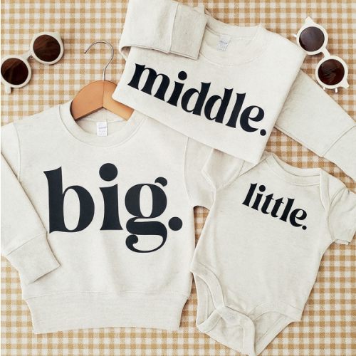 Big Middle Little Sweatshirts or Bodysuit | Three Siblings Bodysuit & Crewneck | 3rd Baby Announcement