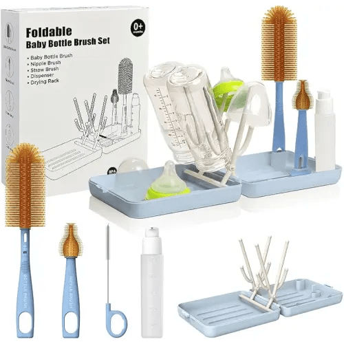 YOTIME Travel Bottle Brush, Travel Bottle Cleaner Kit with Foldable Bottle Drying Rack, for Visit Friends and Relations, Baby Travel Essentials, BPA Free, Blue