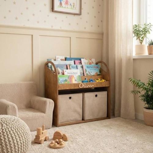 Montessori Wide Bookshelf | Large Wooden Toy Organizer | Toddler Bookcase for Kids Room | Personalized Gift
