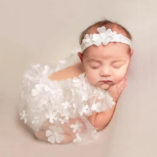 Newborn Photography Outfit Baby Girl Photoshoot Outfit 3D Floral Appliqués Lace Romper With Headdress Photo Props