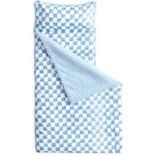 Wake In Cloud - Toddler Nap Mat with Pillow and Minky Fleece Blanket, for Kids Boys Girls Ages 3 Plus in Daycare Preschool, Roll Up Sleeping Bag, Gingham Grid Checkered, Blue White, Standard