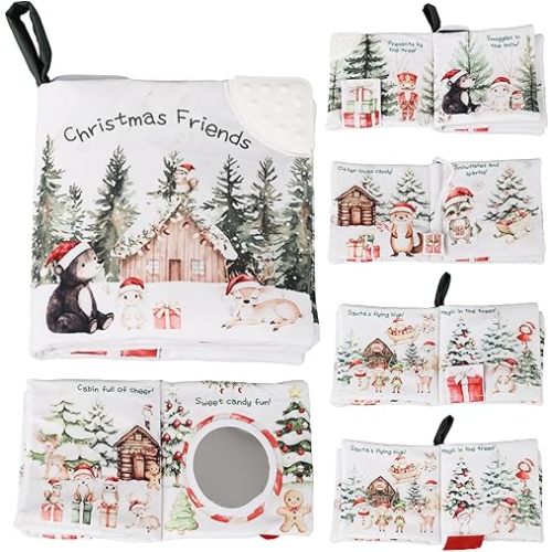 Ali+Oli Baby Cloth Book – Soft Sensory Crinkle Book with Teether for Infants 0-12 Months – Early Learning Touch & Feel Tummy Time Toy – Newborn Shower Gift for Boys & Girls - Christmas Friends