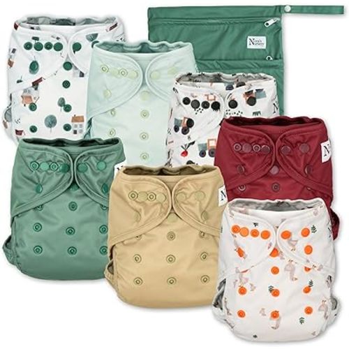 Nora's Nursery Cloth Diaper Cover, Reusable Cover with Snap Closure for Flat or Fitted Inserts - 7-Pack with Wet Bag - On The Farm