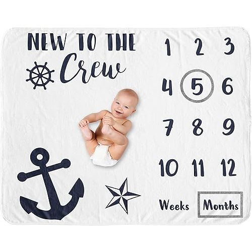 Sweet Jojo Designs Nautical Sailor Boy Girl Milestone Blanket Monthly Newborn First Year Growth Mat Baby Shower Memory Keepsake Gift Picture - Navy Blue White Anchors Ocean Sailboat Sea Gender Neutral