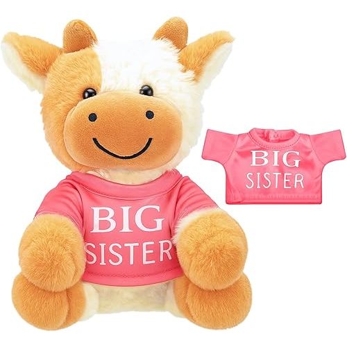 Leitee Big Sister Gift for Girls 8.7 Inches Sitting Bull Stuffed Plush and Doll Short Sleeve Set Pink Top Gifts Stuffed Animal for Little Girl Toddler Removable Cute T-shirt Newborn Baby Shower Party