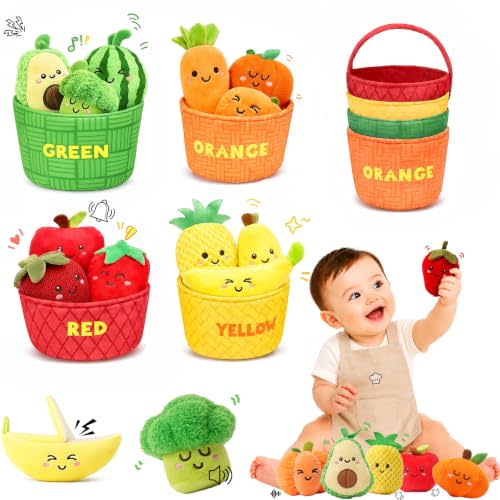 Baby Sensory Toys montessori toys for 1 year old 16PCS Fruit Vegetable | Color Sorting Fruit & Vegetable Sensory Toys for Babies, Crinkle & Rattle Play Food, Baby Toys 6-12 Months, Birthday Gift