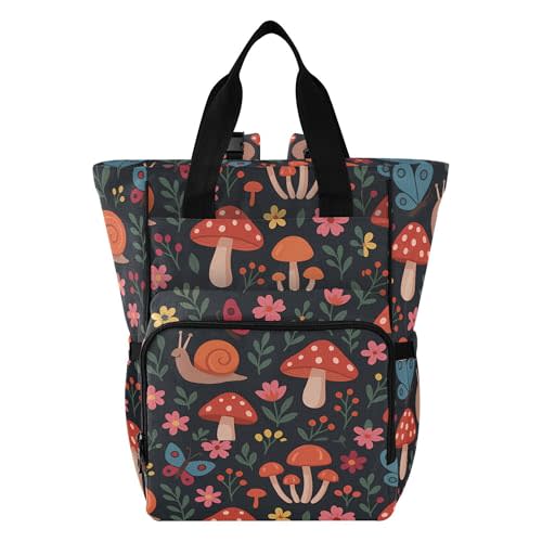 linqin Diaper Bag Backpack, Mushroom with Snails Multifunctional Travel Backpack Maternity Changing Bags, Large Unisex Baby Bag Tote