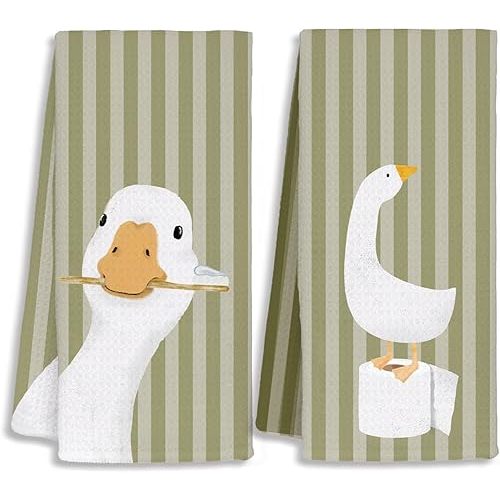 Kids Bathroom Decor, Goose Towels Bathroom Decor, Toddler Bathroom Towel, Cute Duck Green Farm Animal Dish Towels Gifts for Washroom Restroom 16x24 Inch Set of 2