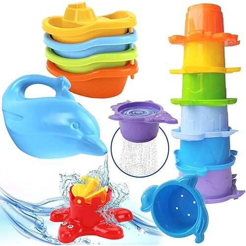 Baby Bath Toys for Toddlers - 12 pcs Rainbow Stacking Cups Baby Toy with Bath Boats Train and Toddler Watering Can - Stackable Plastic Bath Toys - Sea Animal Shapes Bath Toy for Girls and Boys