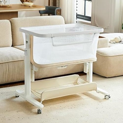 Electric Baby Bassinet, All-Mesh Bedside Sleeper with 3-Speed Auto Rocking, 8 Soothing Sounds, Remote Control, 5-Height Adjustable Baby Crib with Wheels & Storage for Newborn 0-6 Months, Beige