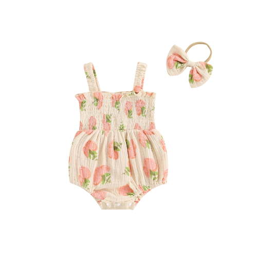 Suealasg Baby Girl 2Pcs Summer Outfits Sleeveless Fruit/Floral Print Smocked Romper +Headband Set Newborn Girl Clothes 0-18 Months
