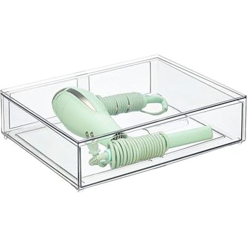 mDesign Wide Plastic Stackable Bathroom Storage Organizer Bin with Pull Out Drawer for Cabinet, Vanity, Shelf, Cupboard, Cabinet, Countertop, or Closet Organization - Lumiere Collection - Clear