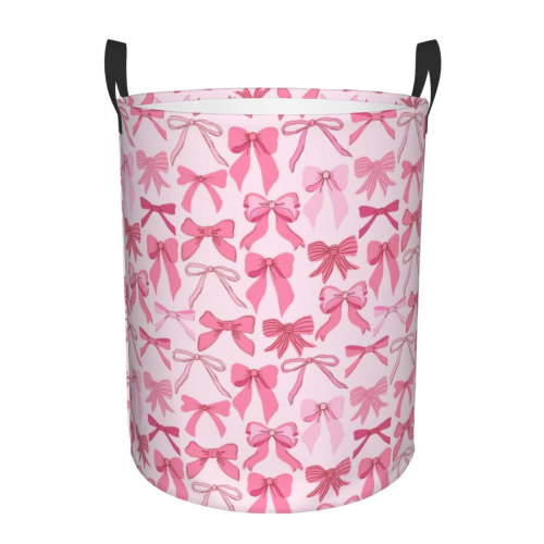 Xecao Pink bows Print Laundry Hamper Basket,designed for Blanket Storage and Nursery Clothes in the Bedroom-