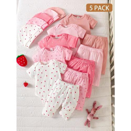 SHEIN 5-Piece Set: Spring/Summer Newborn Baby Girl Round Neck Cartoon Print Bodysuit With Matching Printed Pants And Hat Fabric: Comfortable, Cute, Sweet Baby Girl Clothes Baby Girl Outfits Newborn Sets Girl Baby Girl Clothes Polka Dots,Rainbow,Stripe Bab