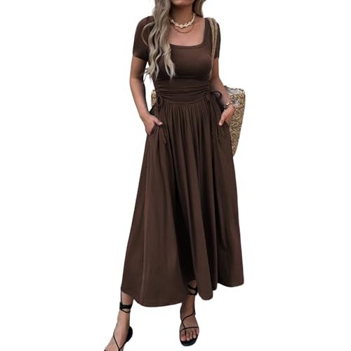 Mieazom Women’s Short Sleeve Maxi Dress Bodycon Long Dress Adjustable Waist Flowy Hem Stretch Casual Dresses with Pockets