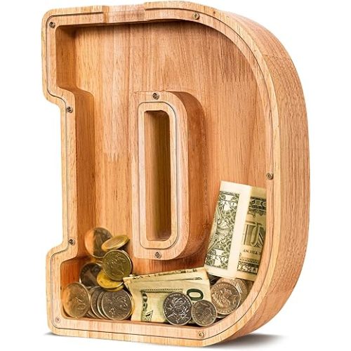 ELX Wooden Piggy Bank for Kids Boys, Personalized Letter Money Bank, Safe & Durable Savings Box for Toddlers Girls, Gifts for Birthday Holiday Christmas