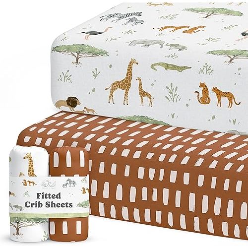 Crib Sheets Neutral - Fitted Baby Crib Sheets Bed for Girl Boy - 2 Pack Standard & Toddler Mattress (Safari Adventure) - Buttery Soft Organic Cotton Blend