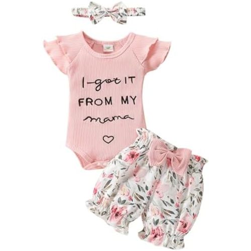 Newborn Infant Baby Girls Clothes, Cute Summer Baby Girls Outfits Ruffle Sleeve Romper Floral Shorts with HeadBand