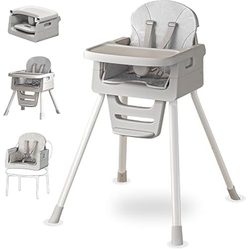 Portable 3 in 1 High Chairs for Babies and Toddlers, Convertible Baby Feeding Chair with Tray, Easy Clean Baby High Chair for Toddler with Foot Rest, Infant Highchairs & Booster Seats with Cush Grey