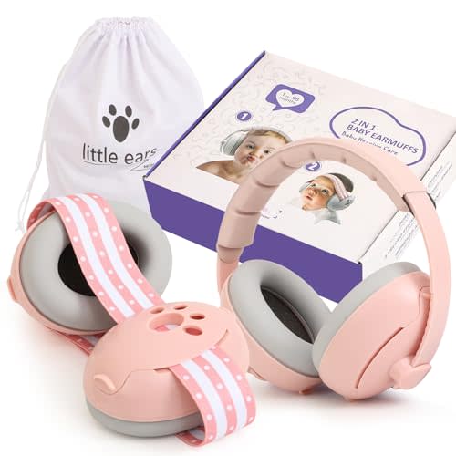 Baby Ear Muffs Noise Protection, 2-In-1 Baby Noise Cancelling Headphones for 0-48 Months Infants Toddlers, Travel Essentials for Airplane Fireworks Sleeping Pink