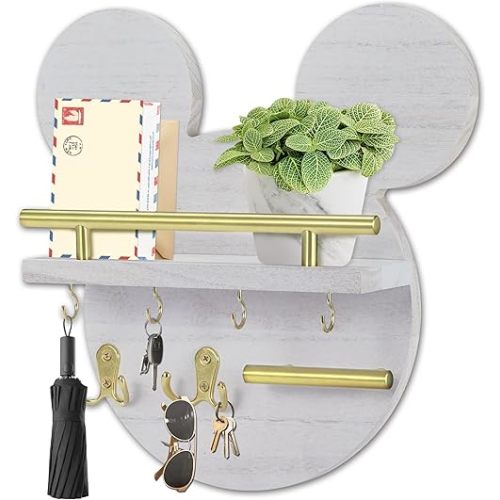 AIRPOP Disn Key Holder for Wall–Mouse Wooden Mail Organizer Wall Mount with Shelf and 6 Hooks, Easy Installation Key Rack Hanger for Entryway Living Room Home Decor(White)