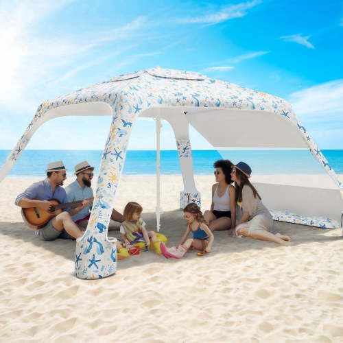 Beach Canopy Cabana with 4 Corners, 6.5'×6.5' Tent Sun Shelter, Adjustable Beach Umbrella Tent with Side Wall, Marine Life Print