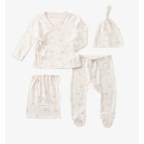 Pink Swan Print Organic Cotton Pointelle Layette 3 Pc Gift Set – size Preemie
