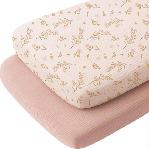 Konssy Muslin Fitted Bassinet Sheets 2 Pack for Baby Girl Boy, Soft Bedside Sleeper Bassinet Sheets Fit for Baby Bassinets, Moses Basket Oval Rectangle Pad/Mattress