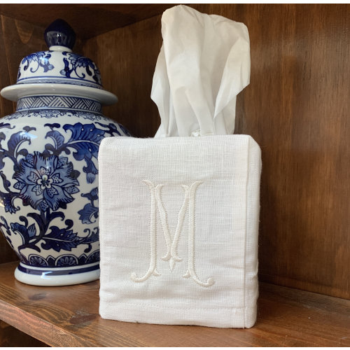 Monogrammed Linen Tissue Box Cover. Personalized Gift. Romanesque Monogram Gift. Holiday Hostess Gift. Dorm Decor