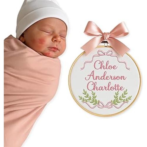 Personalized Baby Name Sign Welcome Baby Announcement Sign Newborn Baby Embroidery Hoop with Bows Baby Hospital Name Sign Custom Infant Baby Name Baby Shower Gifts (13)