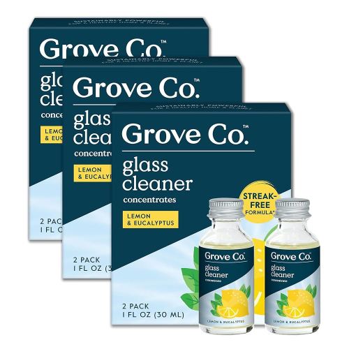 Grove Co. Glass Cleaner, Refill Concentrate (6 x 1 Fl Oz) Streak Free, Plant-Based Household Cleaning Supplies, No Plastic Waste, 100% Natural Lemon & Eucalyptus Fragrance, 3 x 2 Pack Refills