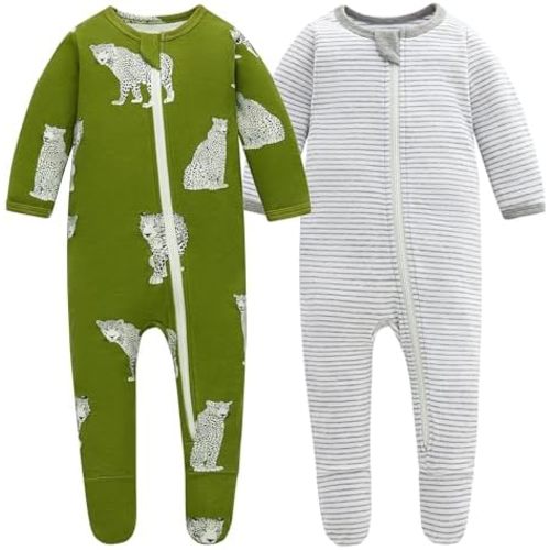 Owlivia Organic Cotton Baby Pajamas, Boys Girls Zip Front Sleep 'N Play Pjs, Footed Sleeper, Long Sleeve