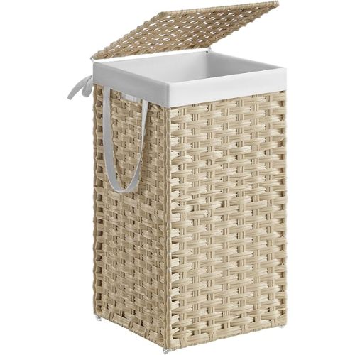SONGMICS Laundry Hamper with Lid, 17.2 Gallon (65L) Synthetic Rattan Clothes Laundry Basket with Lid and Handles, Foldable, Removable Liner, Summer Sand ULCB165LZ01