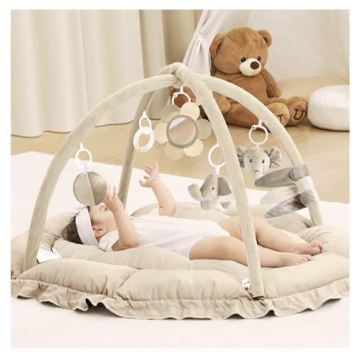 ANGELBLISS 5 in 1 Baby Play Gym Mat, Reversible Tummy Time Mat with 5 Sensory Toys for Stage-Based Developmental, Thick & Large Baby Activity Center from Newborn to Toddler (Khaki)